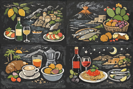 Vintage Chalkboard Mediterranean Food Posters with Italian Cuisine, Spaghetti, Wine, Coffee, and Seafood against Scenic Amalfi Coast and Sicily Volcano Landscapes, Hand-Drawn Chalk Art Set.