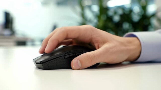 Close-up video of a caucasian hand in a light blue business shirt, meticulously clicking a black mouse on a white desk, with soft bokeh from a modern office. Digital efficiency concept