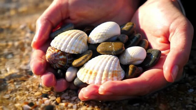 Close-up video of hands holding diverse seashells and smooth pebbles as warm ocean water gently recedes, revealing textures on a sun-drenched seabed. Peaceful nature concept