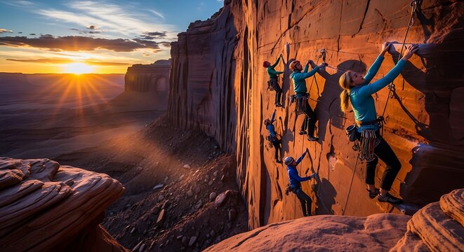 Rock climbers ascending cliff face against sunset sky with copy space