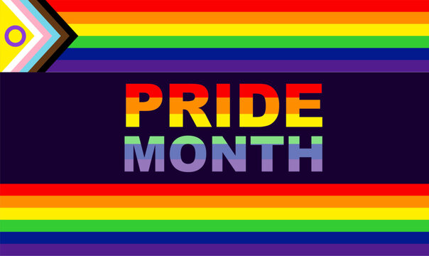 Modern pride month text banner framed by colorful rainbow borders, intersectional progress flag accenting the dark digital background, bold typography celebrating diversity and equity