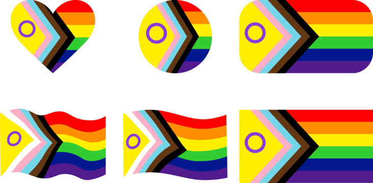 Intersectional progress pride flag pack with diverse geometric shapes, essential elements including hearts and circles for layouts, comprehensive design kit showcasing modern queer identity