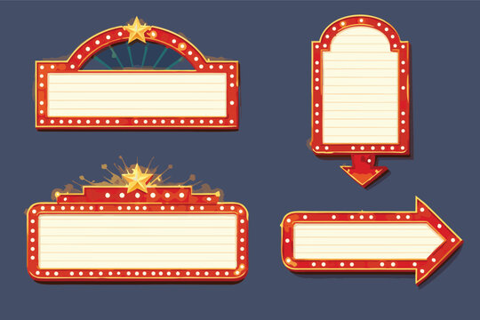 Retro Theater Marquee and Cinema Light Box Sign Board Set. Blank Outdoor Movie Signage with Glowing Bulbs, Gold Stars, and Arrows for Broadway Shows, Circus, Casino, and Vintage Entertainment.