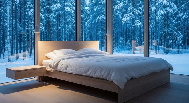 Modern wooden bedroom interior with panoramic window view of snowy winter forest trees