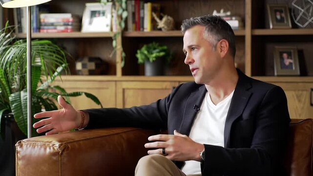 Middle-aged caucasian man with graying hair in dark blazer on leather sofa, expressively gesturing, face shifting emotions against blurred bookshelf background, soft cinematic lighting, intellectual