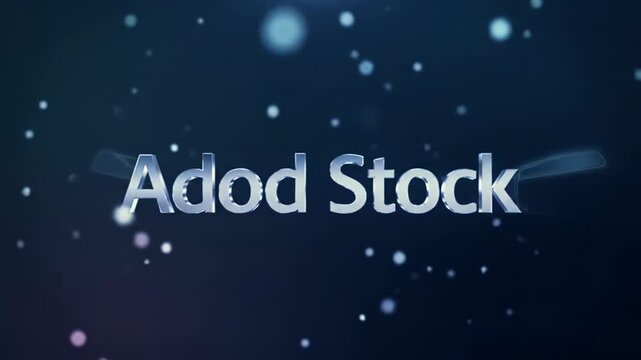 Chrome Adobe Stock logo with illuminated glass, against ethereal blue-purple gradient with drifting particles. Premium brand identity
