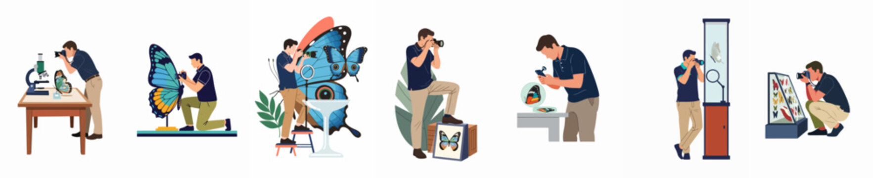 Set of flat illustrations showing a photographer taking photos of butterflies in various settings like labs, museums, and studios for nature study.