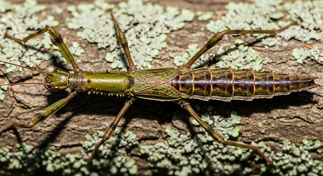 Northern walking stick insect on bark detailed macro photography