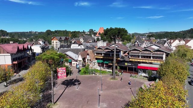 Central Square In Campos Do Jordao In Sao Paulo Brazil. Mantiqueira Mountain. Downtown Cityscape. European Architecture. Central Square In Campos Do Jordao In Sao Paulo Brazil. Tourism Travel.