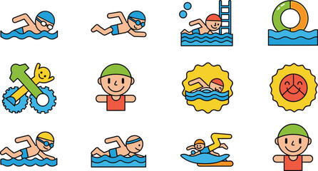 Fototapeta premium Swimming Pool and Swimmer Activity Vector Icon Set on White Background