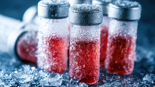 Dramatic Macro Shot of Frozen Vaccine Tubes with Colorful Liquid