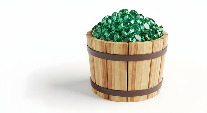 Wooden barrel filled with green emeralds gemstones