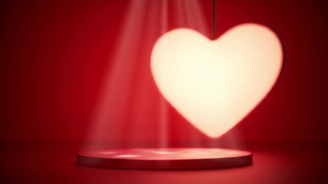 Illuminated heart suspended above a circular platform on a red background
