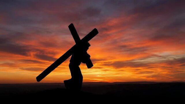 The passion of jesus christ carrying the cross to calvary hill. A religious silhouette symbolizing sacrifice, faith and redemption against a dramatic sunset