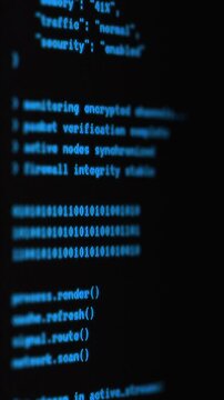 Animated terminal style code with blue text on dark background. Abstract programming and cybersecurity concept for technology visuals and digital media.