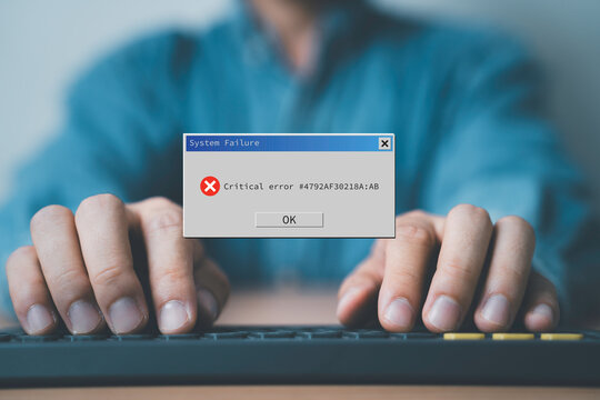 Critical system failure and computer error concept with warning popup on screen. Symbol of software crash, cybersecurity issue, technical problem and digital system malfunction.