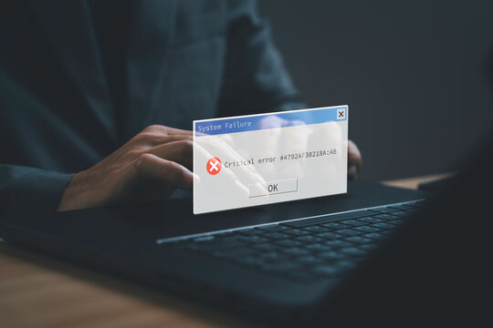 Critical system failure and computer error concept with warning popup on screen. Symbol of software crash, cybersecurity issue, technical problem and digital system malfunction.