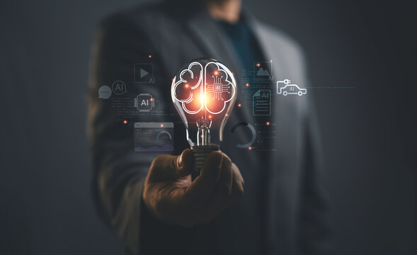 Artificial intelligence innovation concept with man hold glowing light bulb and AI interface icons. Symbol of machine learning, smart technology, digital transformation and future business solutions.