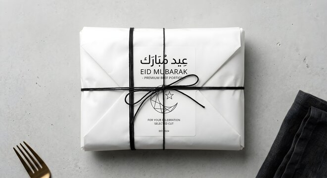 Contemporary Minimalist Eid Mubarak White Wrapped Package with Arabic Calligraphy