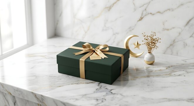 Premium Dark Green Eid Mubarak Gift Box on White Marble Windowsill