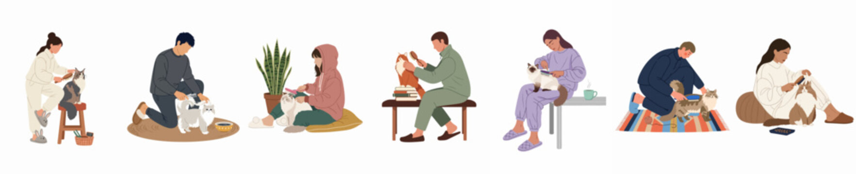 Diverse set of people grooming their long-haired cats at home, collection of vector illustrations showing pet care, hygiene, and domestic life on white.