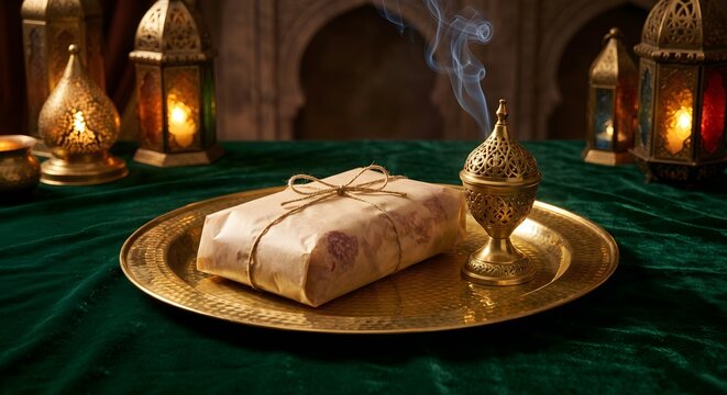 Rustic Wrapped Meat Parcel on Golden Tray with Smoking Incense
