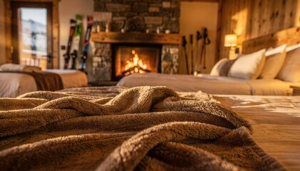 Fototapeta premium Multibed family suite with soft blankets foregrounded blurred ski poles stacked nearby and a glowing hearth creating warm apresski ambiance.