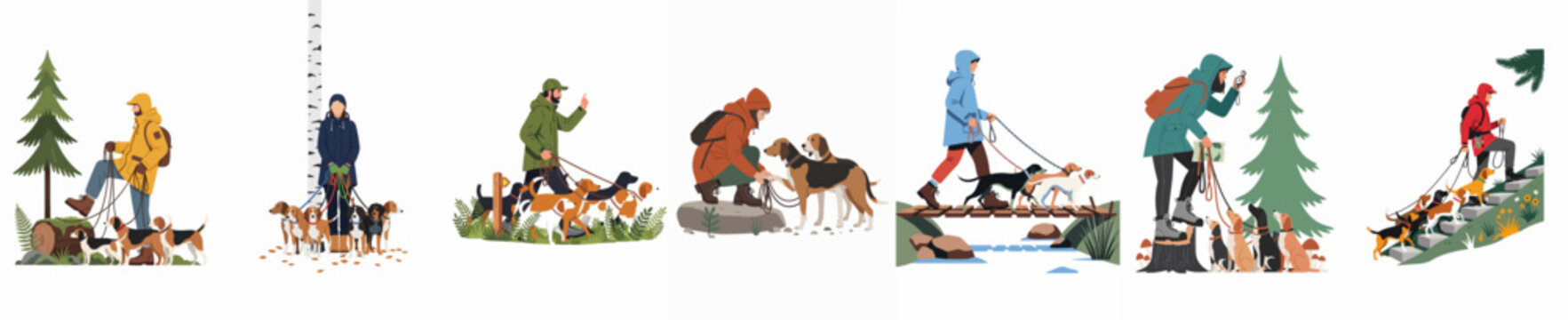 Set of flat vector illustrations depicting people hiking and walking groups of dogs in various outdoor nature settings, featuring beagles and hounds.