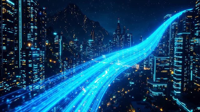 人工知能とデジタル進化を象徴する光の軌跡が輝く未来都市の景観
