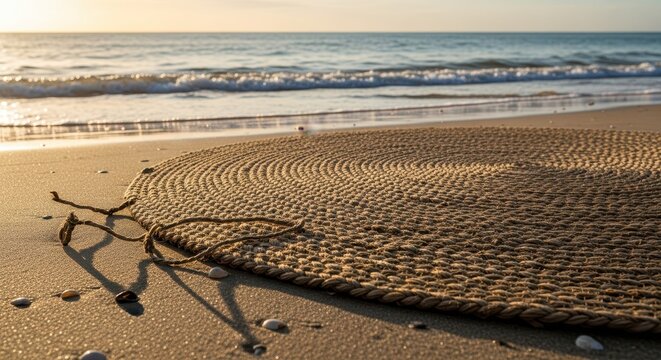 Braided Mat Relaxing on Beach Shore Under Sunset Light