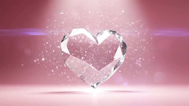 A single faceted crystal shimmers under a spotlight amidst sparkling particles