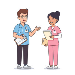 Fototapeta premium Two medical professionals, a doctor and a nurse, engaged in a discussion about patient care, with a clipboard and medical chart visible