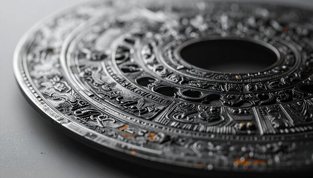 Traditional Japanese sword guard tsuba with intricate iron cut-out design in abstract close-up studio shot