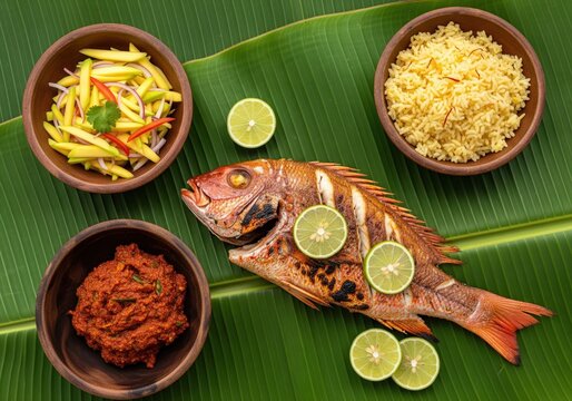 Seychellois Creole grilled red snapper fish with saffron rice mango salad and chili paste feast