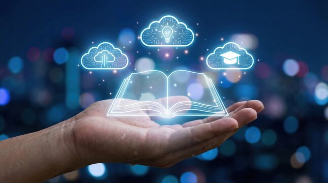 AI online learning concept with personal development and skill training process shown by digital icons above open book in hand