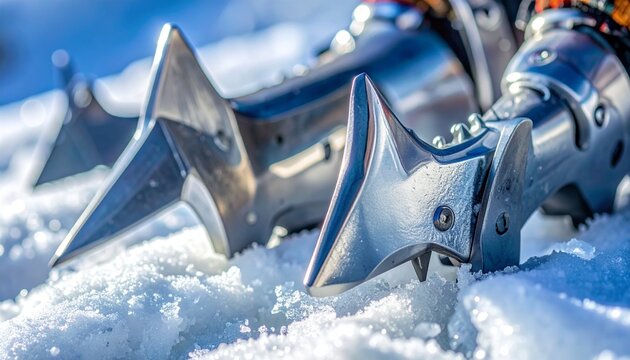 Ice climbing crampons with titanium front points on snowy ice surface close-up detail