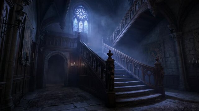 Grand staircase inside a dark gothic castle hall at night. Mysterious moonlight streams through a large stained glass window creating a spooky fantasy scene