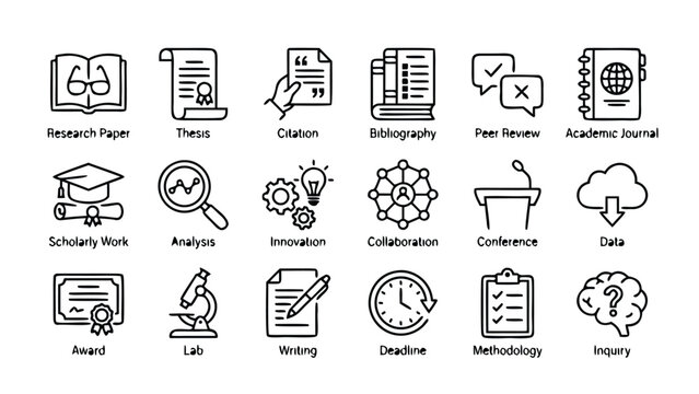 Comprehensive Collection of 18 Professional Research and Academic Line Icons Featuring Research Paper Thesis Citation Bibliography Peer Review Academic Journal Study Symbols for Education Design