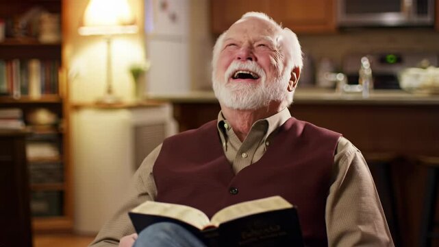 medium video of distinguished elderly caucasian man with white hair/beard, brown shirt, maroon vest, blue jeans, laughing genuinely while reading book in cozy, warmly lit home with bokeh,