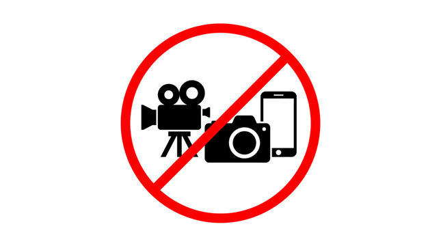 No Filming and Recording Prohibition Sign with Retro Movie Camera, Photo Camera, Smartphone Device, and Red Cross Bar Circular Restricted Area Vector Illustration