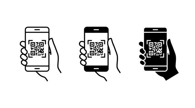 QR Code Scanning with Smartphone Screen Icon Set with Hand Holding Mobile Phone, Matrix Barcode Scan, and Digital Verification Outline, Glyph, and Inverted Vector Illustration