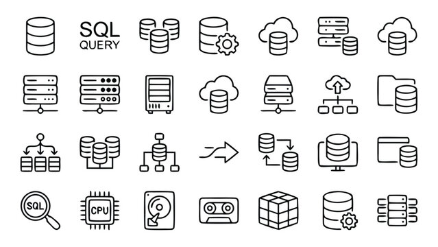 Set of Database and Server Line Icons Featuring SQL Qery, Cloud Storage, Hostin, Network Infrastructure, ata Backup, CPU, Hard Driv, Load Balancing, Cache, ad Server Rack Vector Illusrations