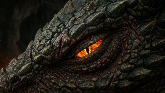 Composite sequence of a dragon's eye blinking in three stages. The mythical beast has a fiery orange iris and dark reptilian scales. Fantasy monster concept for a cinematic banner