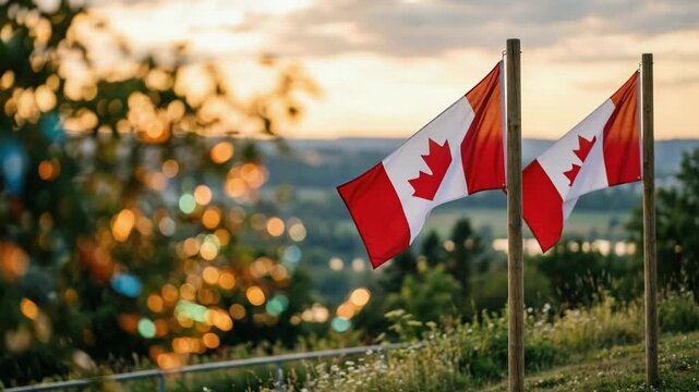 Canadian flags waving proudly in the wind at sunset. Scenic countryside view with beautiful golden hour light. National pride and patriotism concept for canada day