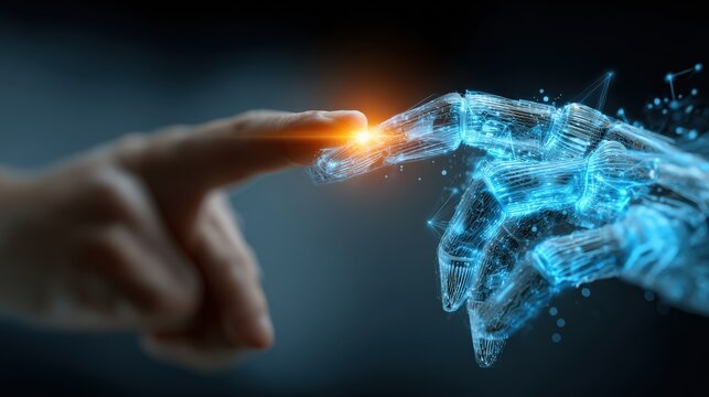 A human finger makes contact with a digital hand, symbolizing the convergence of human and artificial intelligence. ..Created with Generative AI, not depicting real subjects.