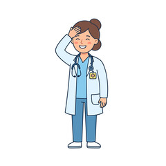Fototapeta premium A cheerful female doctor in a white coat with a stethoscope around her neck, smiling and touching her forehead with her hand