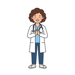 Fototapeta premium Joyful doctor in white lab coat with stethoscope greets with folded hands in a welcome gesture