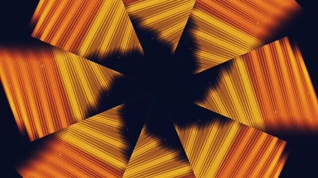 Vibrant orange and yellow striped patterns radiate from a dark center in a kaleidoscope view, perfect for background animation