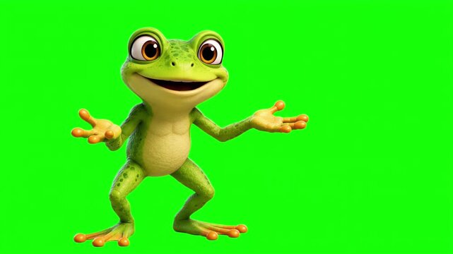 3D animated frog character talking and explaining, cute comic mascot isolated on chroma key green screen background
