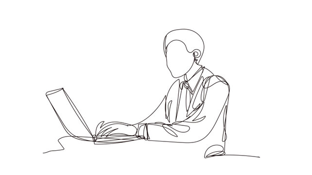 Continuous line a man working on laptop illustration. Minimal one line business design.